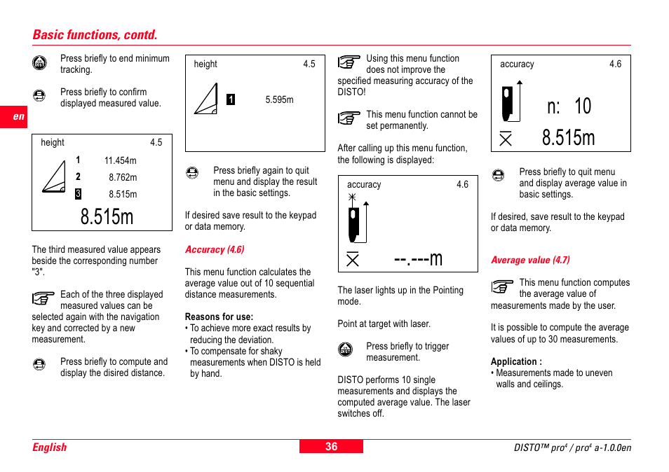 Accuracy (4.6), Average value (4.7), 515m | N: 10, Basic functions, contd | Leica Geosystems Leica DISTO Pro User Manual | Page 34 / 60