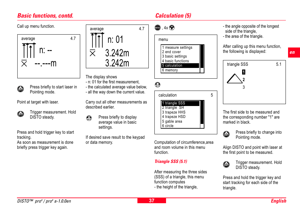 Calculation (5), Triangle sss (5.1), Basic functions, contd | Leica Geosystems Leica DISTO Pro User Manual | Page 35 / 60