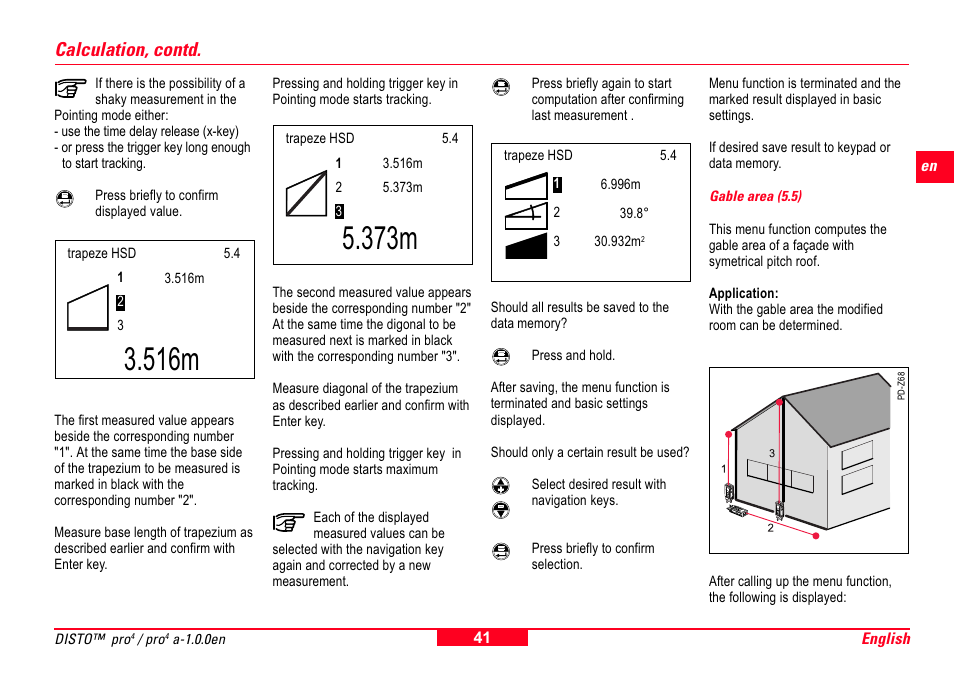 Gable area (5.5), 516m, 373m | Calculation, contd | Leica Geosystems Leica DISTO Pro User Manual | Page 39 / 60