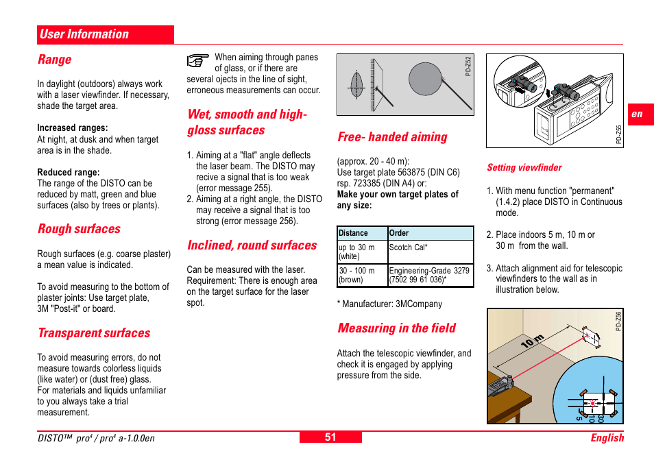 User information, Range, Rough surfaces | Transparent surfaces, Wet, smooth and high-gloss surfaces, Inclined, round surfaces, Free- handed aiming, Measuring in the field, Setting viewfinder, User information range | Leica Geosystems Leica DISTO Pro User Manual | Page 49 / 60