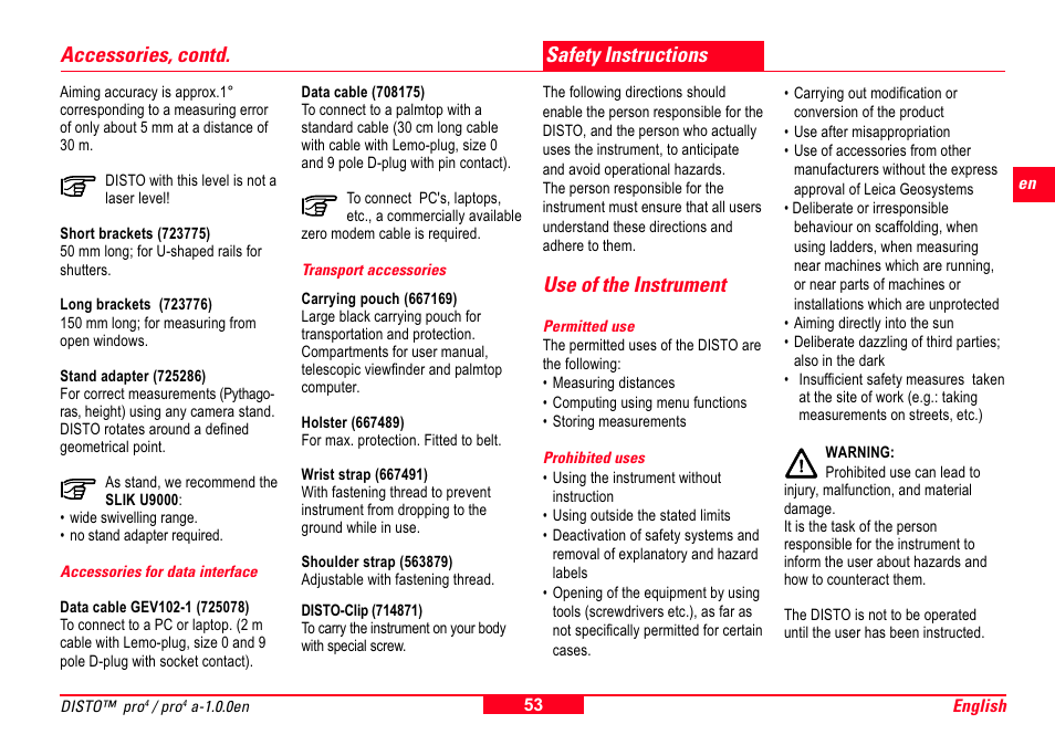 Accessories for data interface, Transport accessories, Safety instructions | Use of the instrument, Permitted use, Prohibited uses, Accessories, contd | Leica Geosystems Leica DISTO Pro User Manual | Page 51 / 60