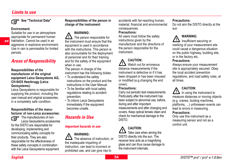 Limits to use, Areas of responsibility, Hazards in use | Important hazards in use | Leica Geosystems Leica DISTO Pro User Manual | Page 52 / 60