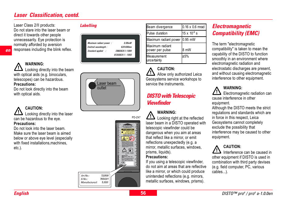 Labelling, Disto with telescopic viewfinder, Electromagnetic compatibility (emc) | Laser classification, contd | Leica Geosystems Leica DISTO Pro User Manual | Page 54 / 60