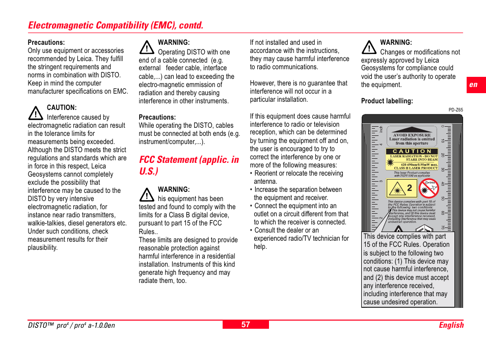 Fcc statement (applic. in u.s.), Electromagnetic compatibility (emc), contd | Leica Geosystems Leica DISTO Pro User Manual | Page 55 / 60