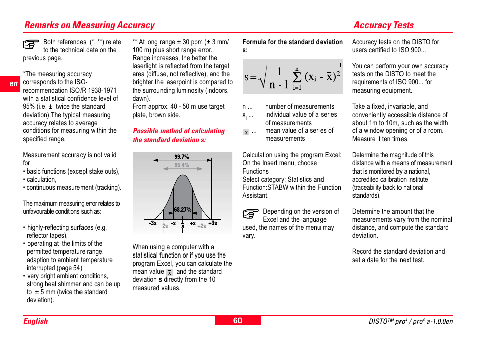 Remarks on measuring accuracy, Accuracy tests | Leica Geosystems Leica DISTO Pro User Manual | Page 58 / 60