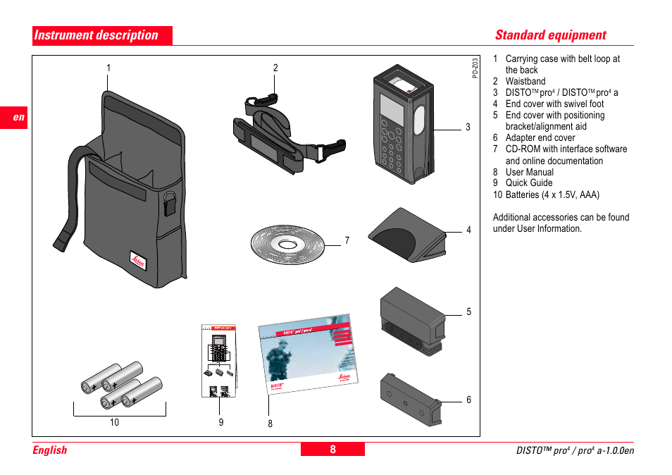 Instrument description, Standard equipment, Instrument description standard equipment | Leica Geosystems Leica DISTO Pro User Manual | Page 6 / 60