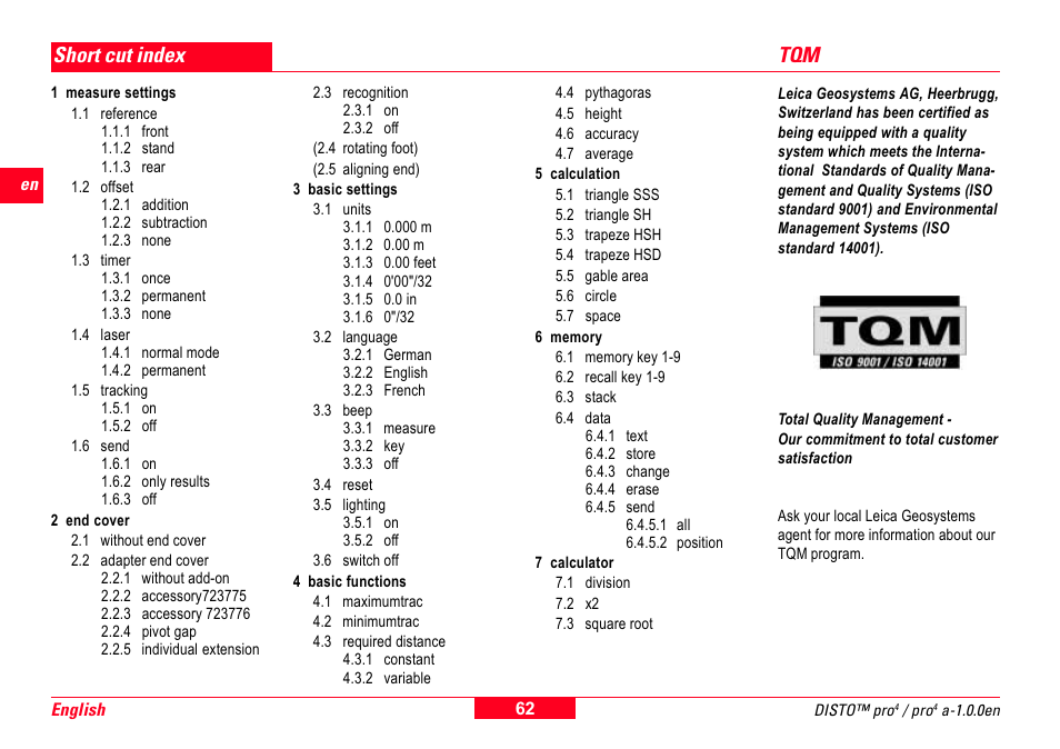 Short cut index, Tqm short cut index | Leica Geosystems Leica DISTO Pro User Manual | Page 60 / 60