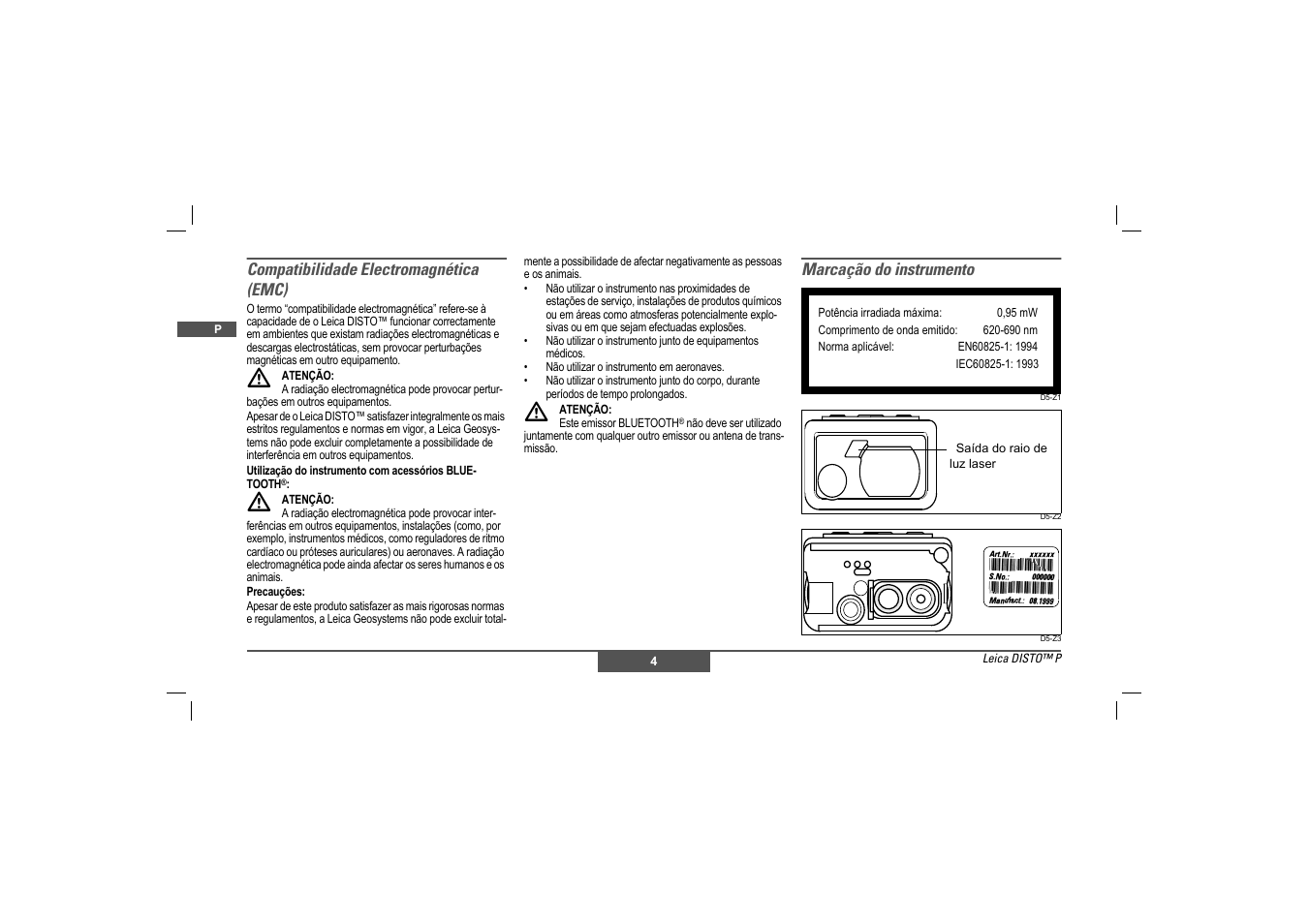 Compatibilidade electromagnética (emc), Marcação do instrumento | Leica Geosystems Leica DISTO - Safety Instructions User Manual | Page 29 / 119