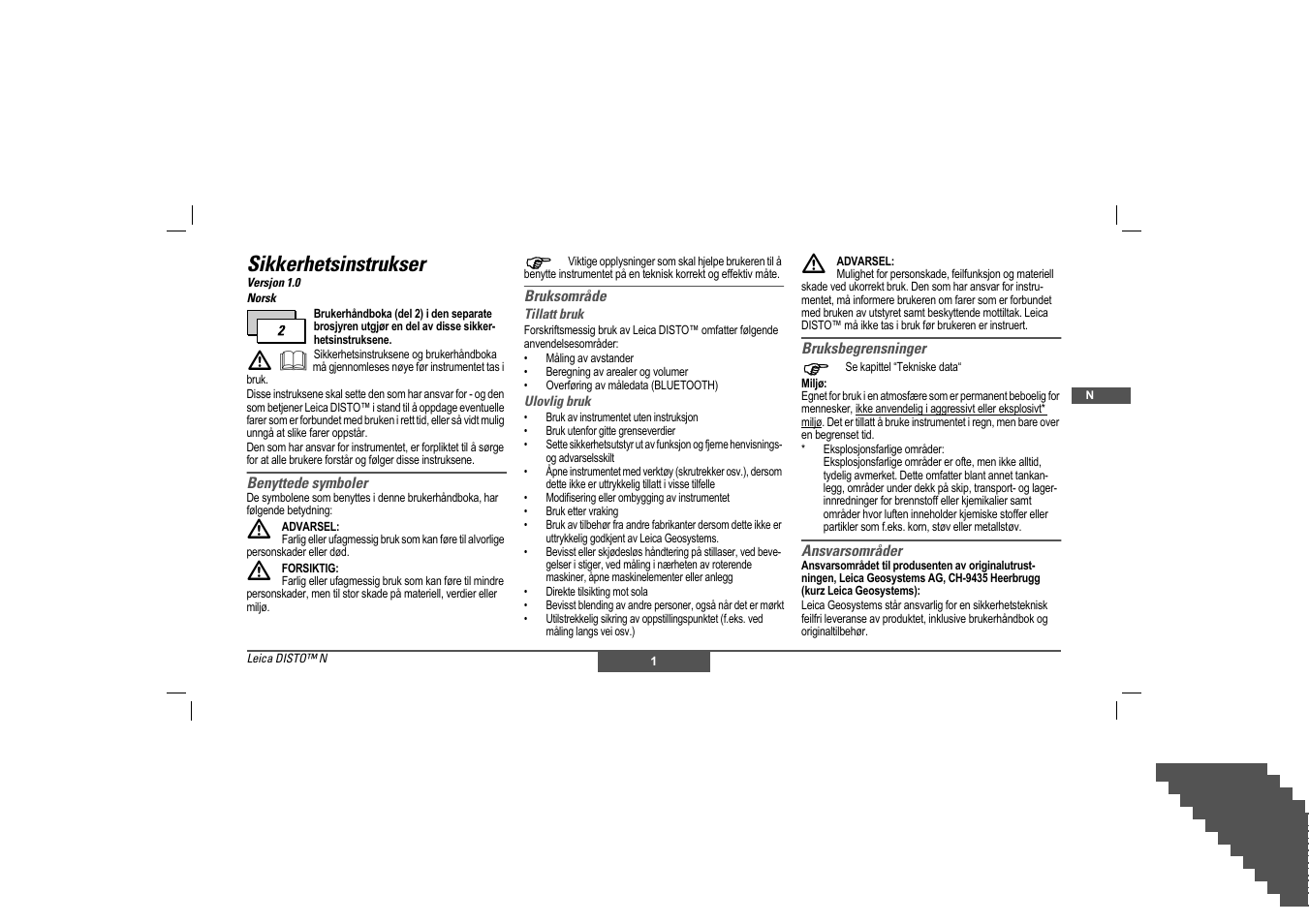 Sikkerhetsinstrukser | Leica Geosystems Leica DISTO - Safety Instructions User Manual | Page 44 / 119