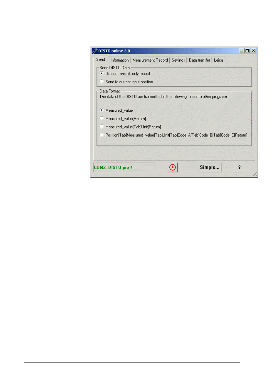 The page "send" in the simple mode | Leica Geosystems Leica DISTO - online program manual User Manual | Page 18 / 37