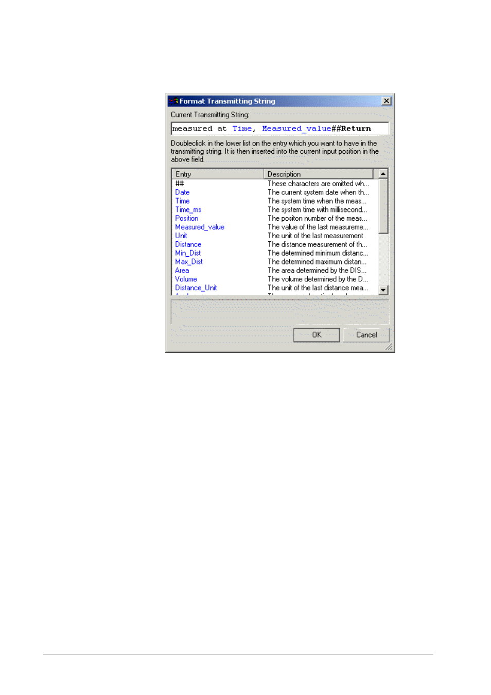 The dialog "format transmitting string | Leica Geosystems Leica DISTO - online program manual User Manual | Page 20 / 37