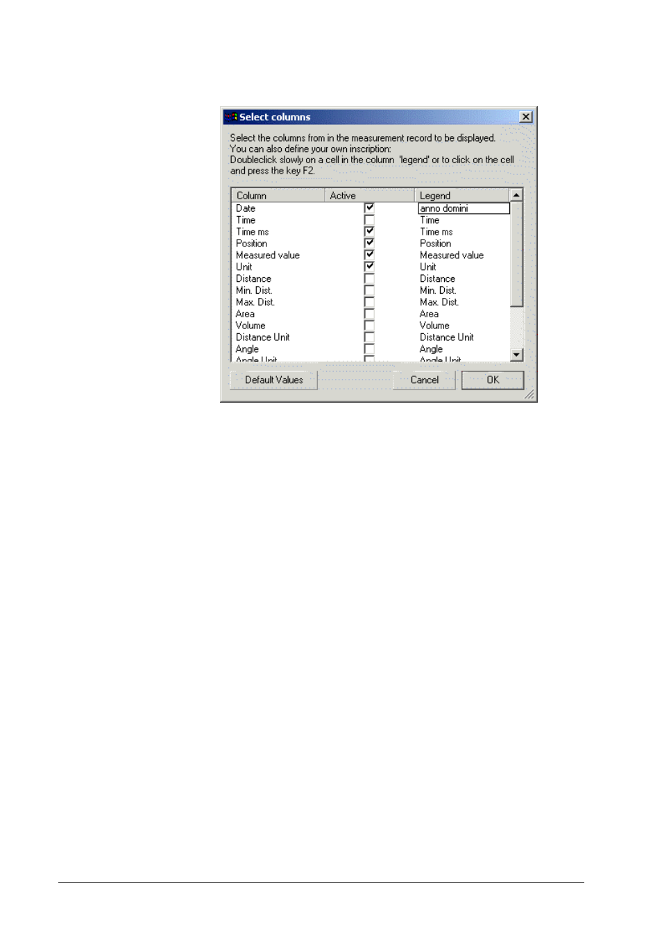 The dialog "select columns | Leica Geosystems Leica DISTO - online program manual User Manual | Page 26 / 37