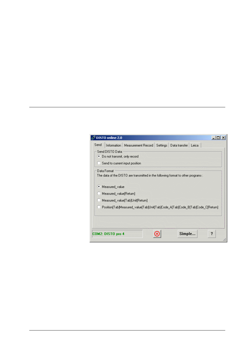 The operation of disto online, Operation and possibilities in the simple mode, The page "send | Leica Geosystems Leica DISTO - online program manual User Manual | Page 7 / 37