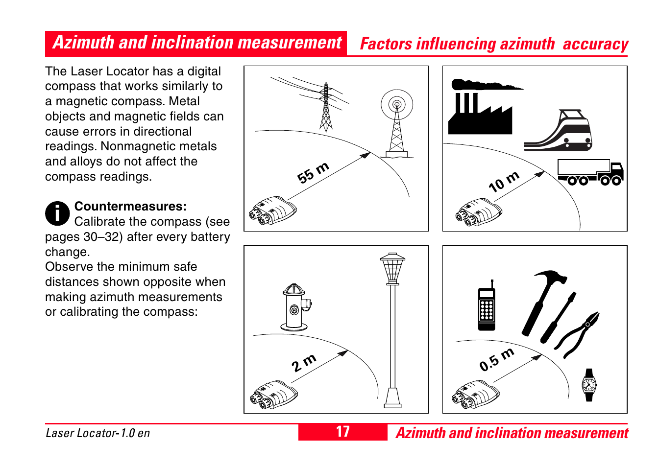 Azimuth and inclination measurement, Factors influencing azimuth accuracy | Leica Geosystems Laser Locator User Manual | Page 17 / 46