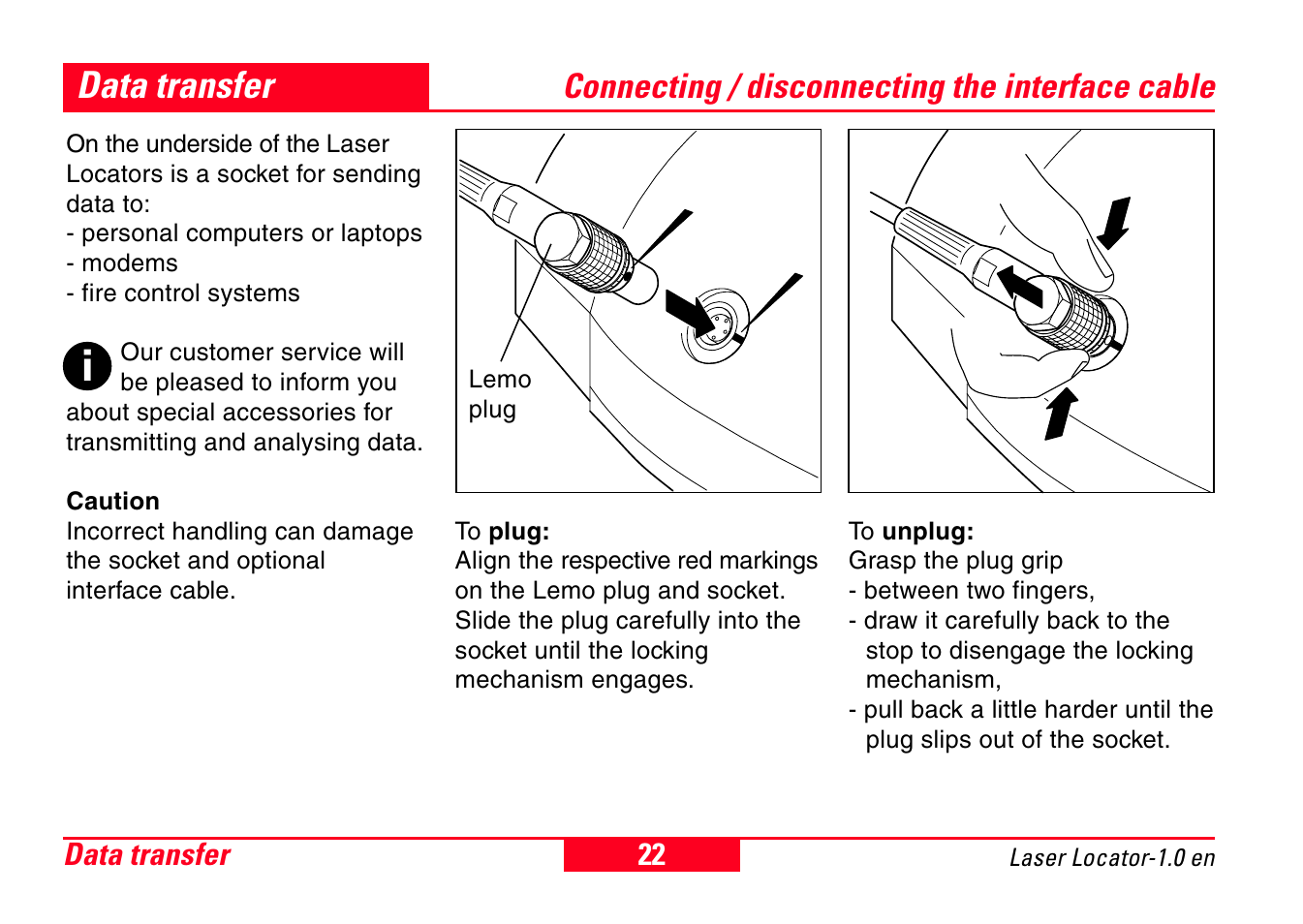 Data transfer, Connecting / disconnecting the interface cable | Leica Geosystems Laser Locator User Manual | Page 22 / 46