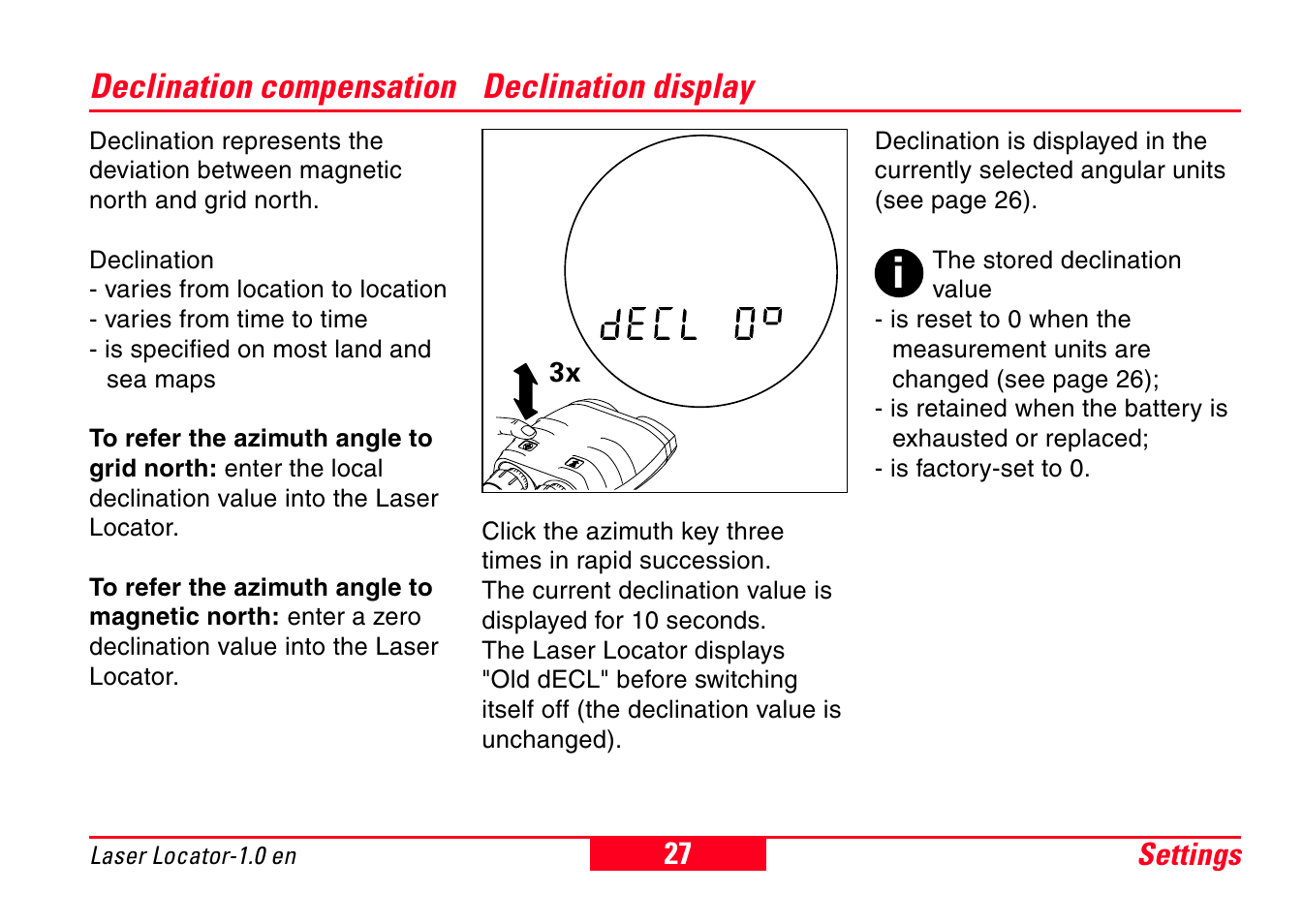 Declination compensation declination display | Leica Geosystems Laser Locator User Manual | Page 27 / 46