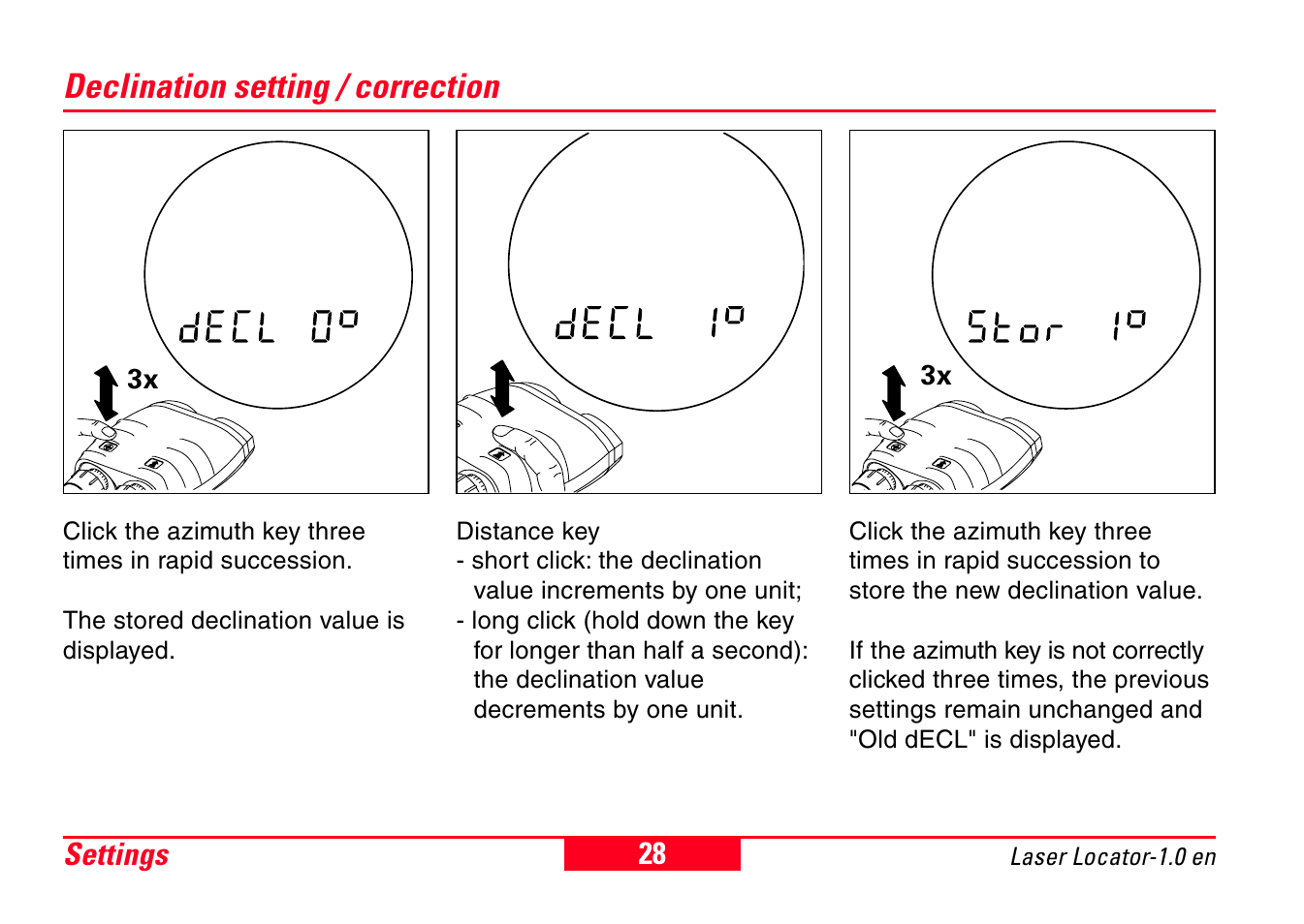 Declination setting / correction, Settings | Leica Geosystems Laser Locator User Manual | Page 28 / 46