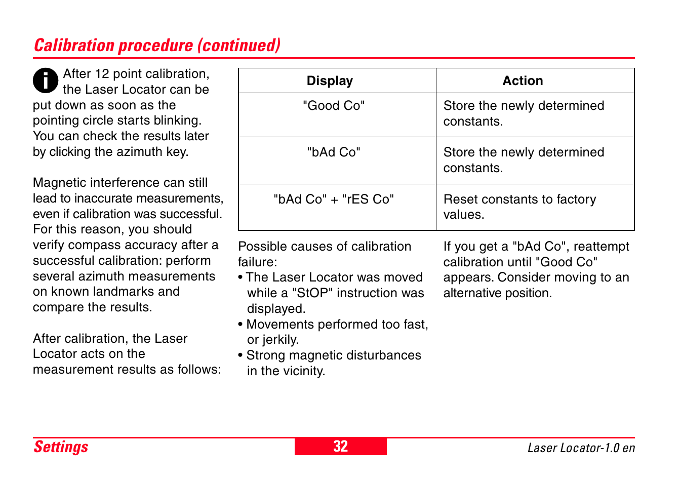 Calibration procedure (continued), Settings | Leica Geosystems Laser Locator User Manual | Page 32 / 46