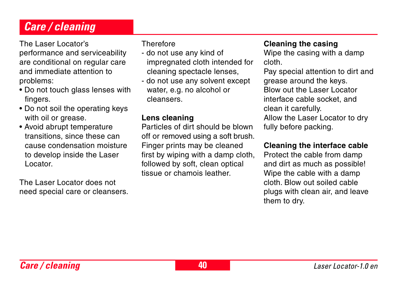 Care / cleaning | Leica Geosystems Laser Locator User Manual | Page 40 / 46