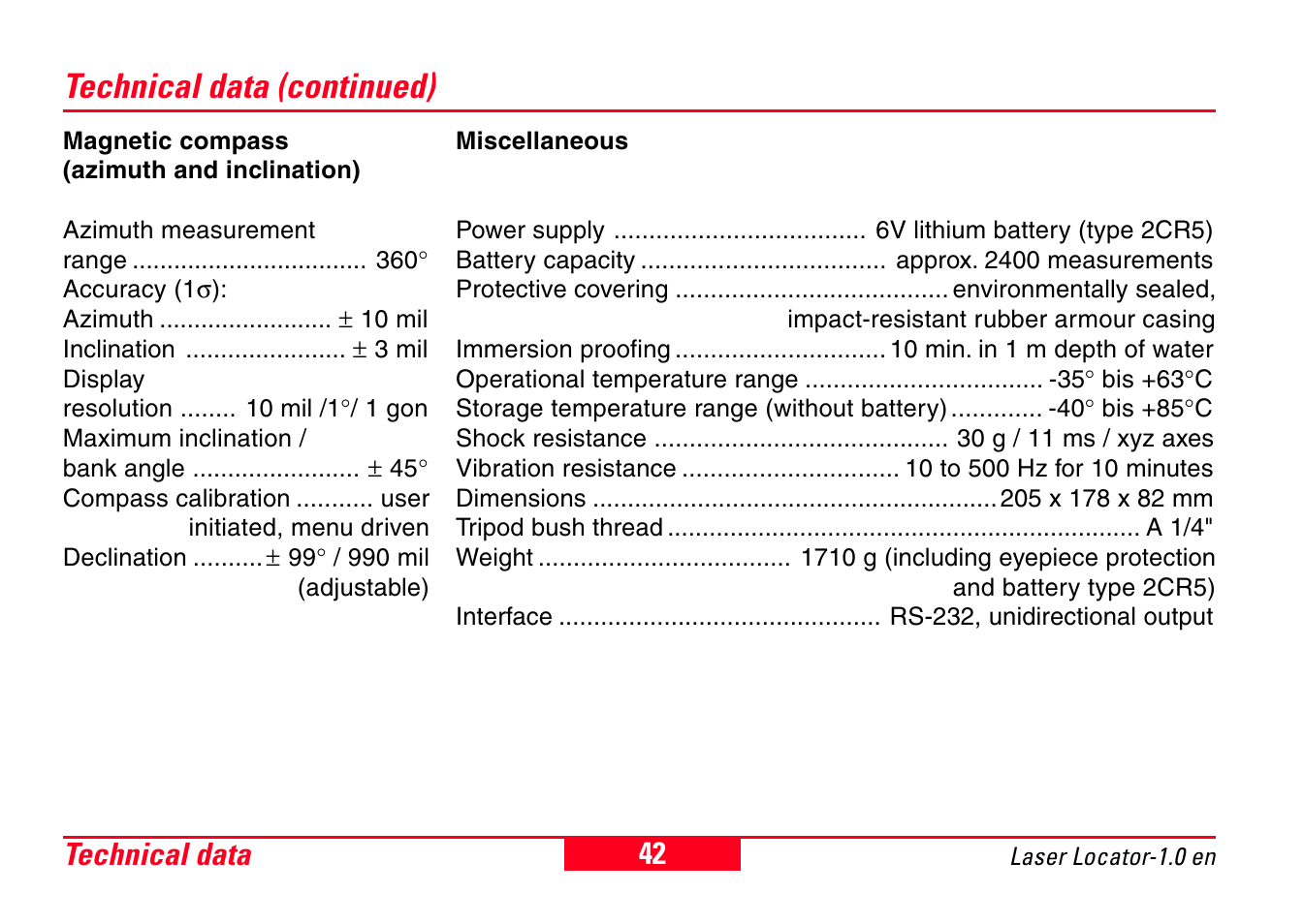 Technical data (continued), Technical data | Leica Geosystems Laser Locator User Manual | Page 42 / 46
