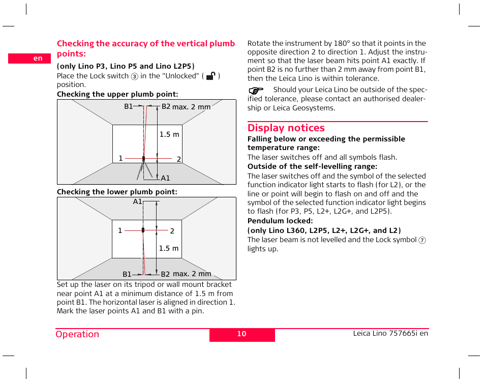 Checking the accuracy of the vertical plumb points, Display notices | Leica Geosystems Leica Line and Dot Lasers User Manual | Page 11 / 21