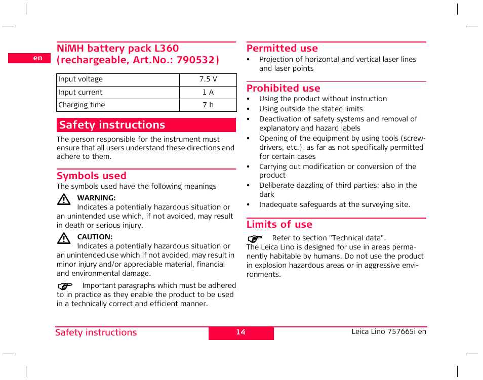 Safety instructions, Symbols used, Permitted use | Prohibited use, Limits of use | Leica Geosystems Leica Line and Dot Lasers User Manual | Page 15 / 21