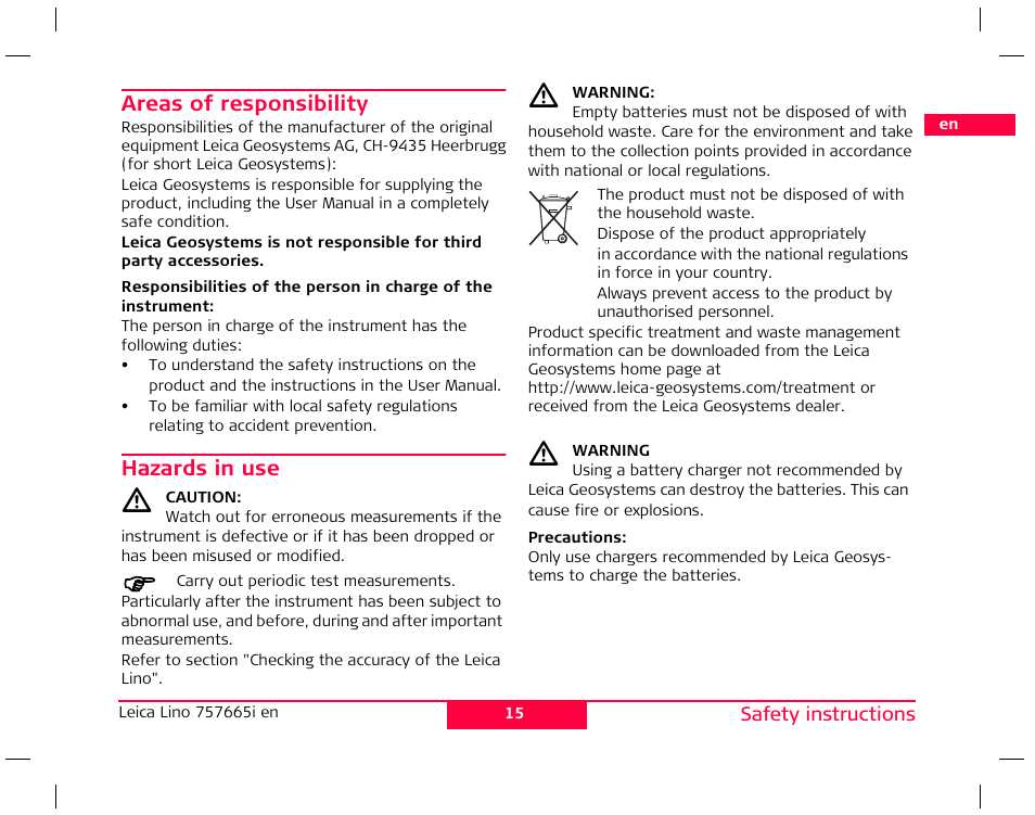 Areas of responsibility, Hazards in use | Leica Geosystems Leica Line and Dot Lasers User Manual | Page 16 / 21