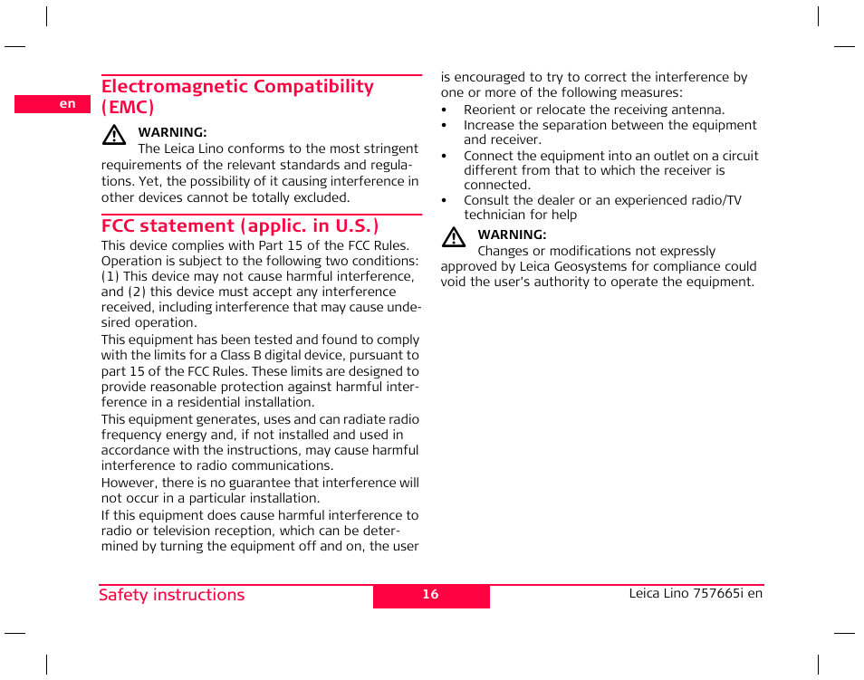 Electromagnetic compatibility (emc), Fcc statement (applic. in u.s.) | Leica Geosystems Leica Line and Dot Lasers User Manual | Page 17 / 21