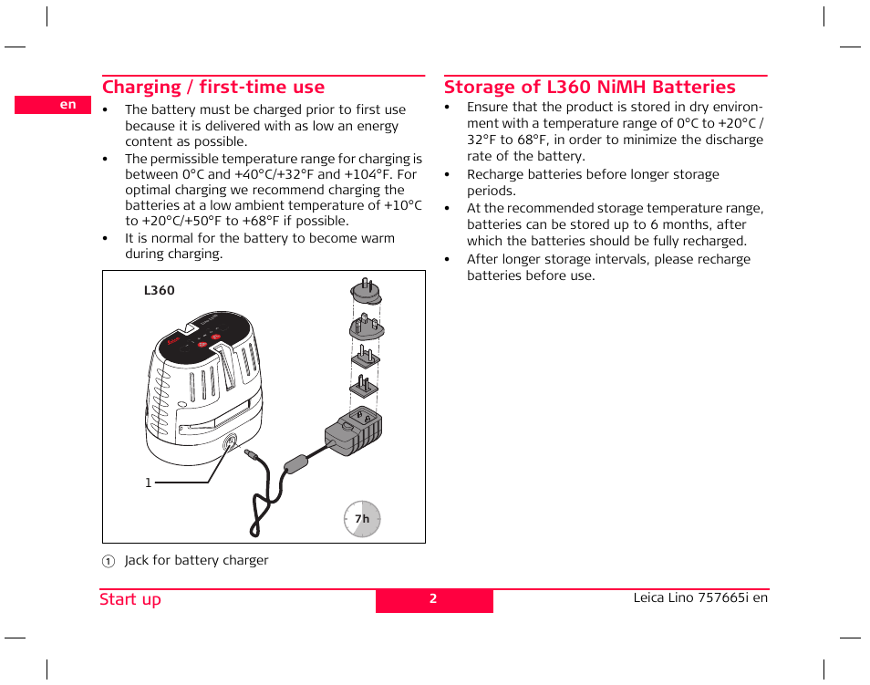 Charging / first-time use, Storage of l360 nimh batteries | Leica Geosystems Leica Line and Dot Lasers User Manual | Page 3 / 21