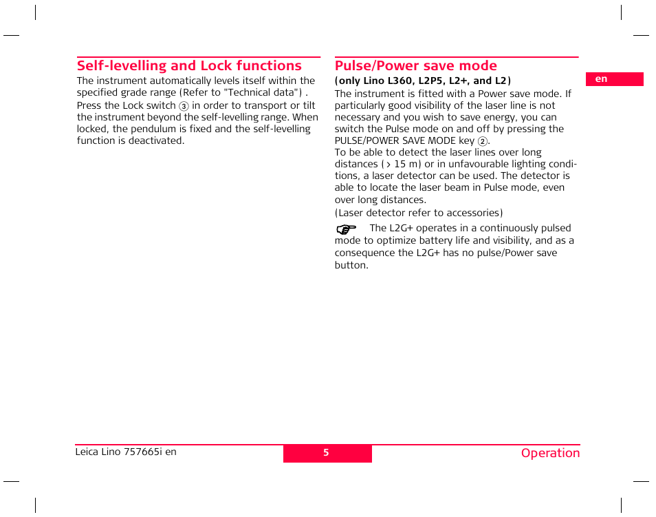 Self-levelling and lock functions, Pulse/power save mode | Leica Geosystems Leica Line and Dot Lasers User Manual | Page 6 / 21