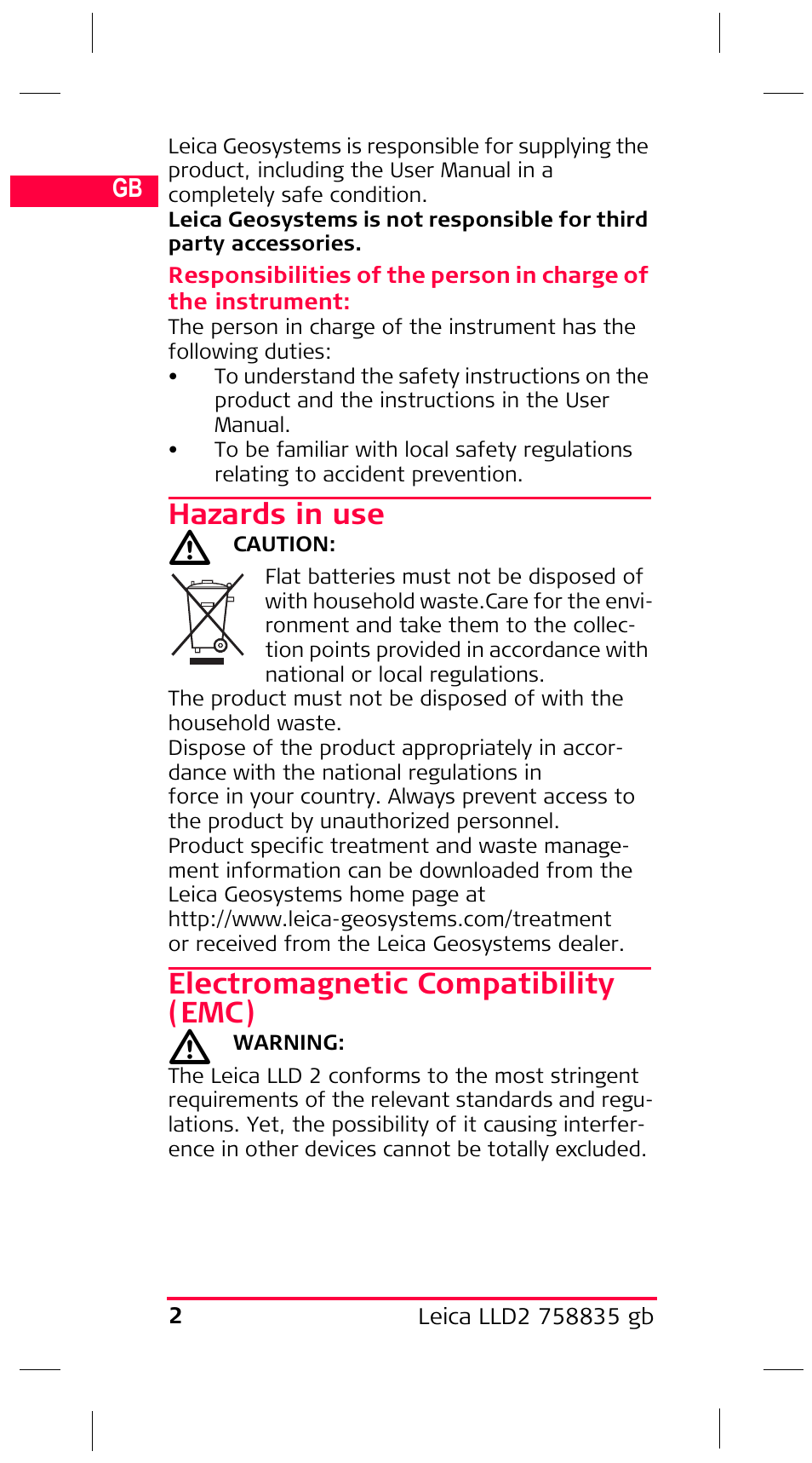 Hazards in use, Electromagnetic compatibility (emc) | Leica Geosystems Line Laser Detector LLD 2 User Manual | Page 5 / 6