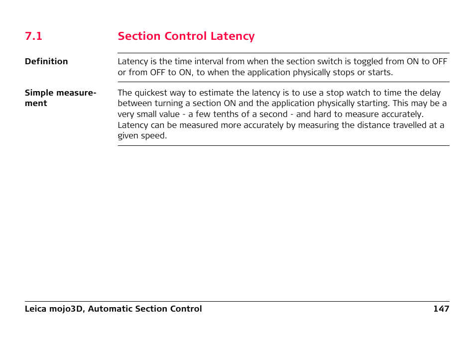 1 section control latency, Section control latency | Leica Geosystems Leica mojo3D - User Manual User Manual | Page 147 / 378
