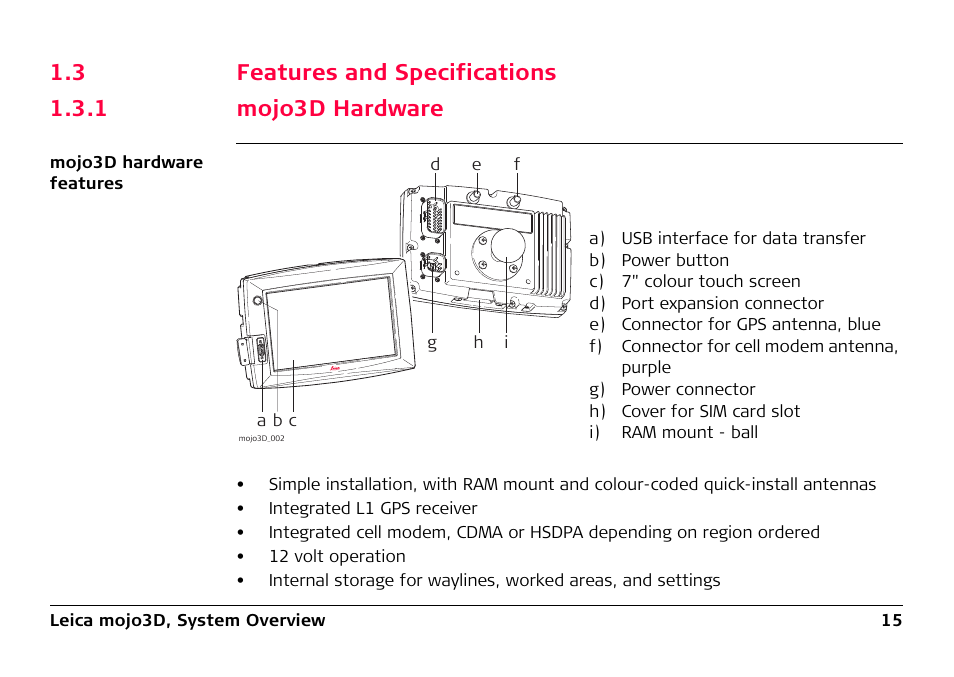 3 features and specifications, 1 mojo3d hardware, Features and specifications | Mojo3d hardware | Leica Geosystems Leica mojo3D - User Manual User Manual | Page 15 / 378