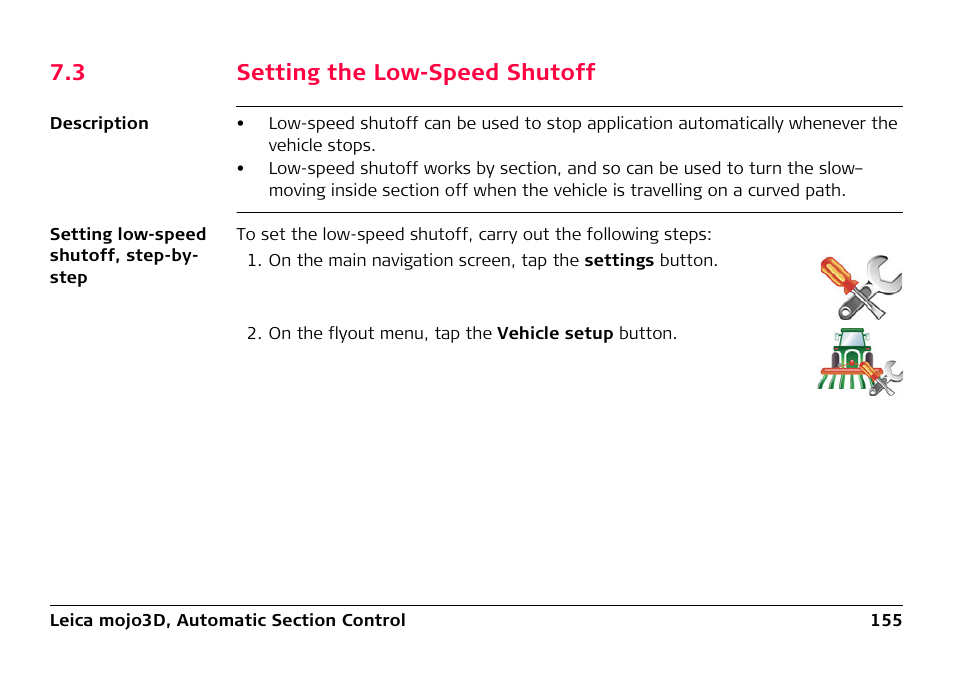 3 setting the low-speed shutoff, Setting the low-speed shutoff | Leica Geosystems Leica mojo3D - User Manual User Manual | Page 155 / 378
