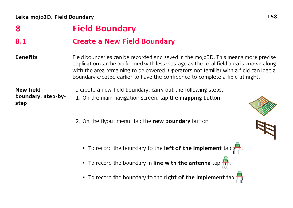 8 field boundary, 1 create a new field boundary, Field boundary | Create a new field boundary, 8field boundary | Leica Geosystems Leica mojo3D - User Manual User Manual | Page 158 / 378