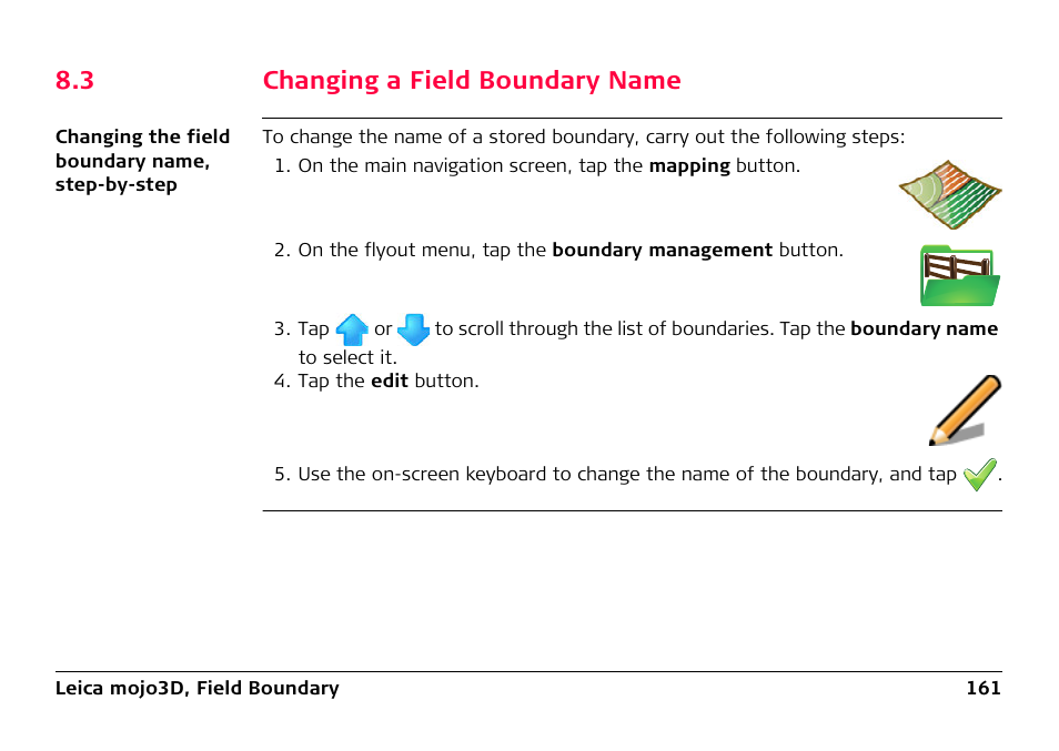 3 changing a field boundary name, Changing a field boundary name | Leica Geosystems Leica mojo3D - User Manual User Manual | Page 161 / 378