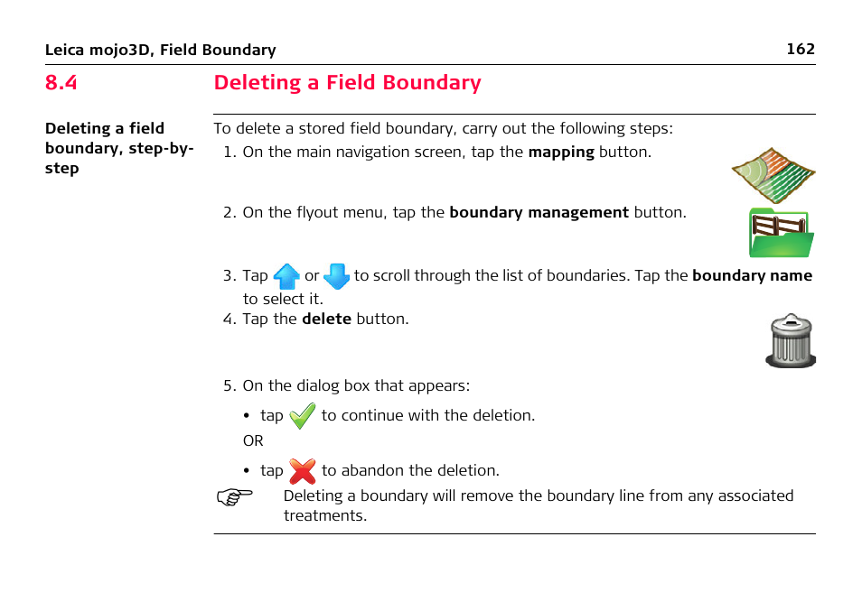 4 deleting a field boundary, Deleting a field boundary | Leica Geosystems Leica mojo3D - User Manual User Manual | Page 162 / 378