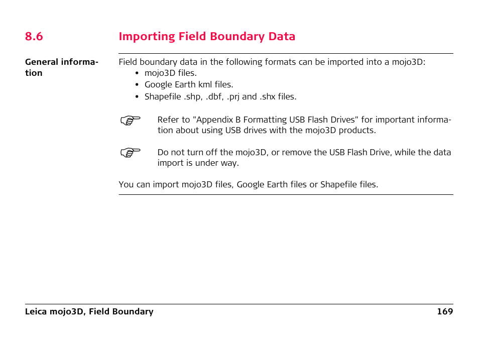 6 importing field boundary data, Importing field boundary data | Leica Geosystems Leica mojo3D - User Manual User Manual | Page 169 / 378