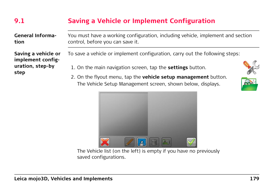 1 saving a vehicle or implement configuration, Saving a vehicle or implement configuration | Leica Geosystems Leica mojo3D - User Manual User Manual | Page 179 / 378