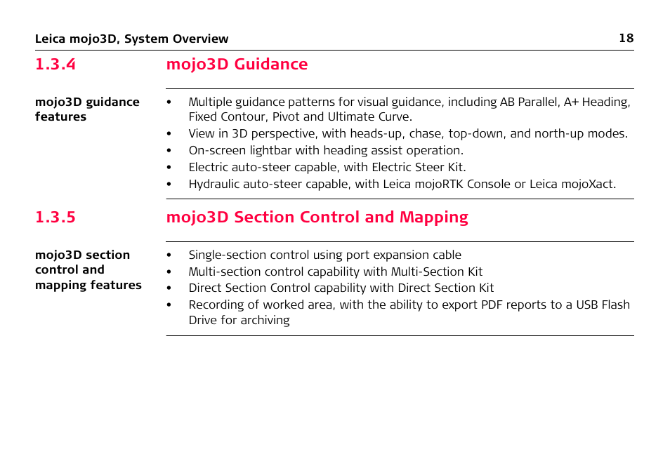 4 mojo3d guidance, 5 mojo3d section control and mapping, Mojo3d guidance | Mojo3d section control and mapping | Leica Geosystems Leica mojo3D - User Manual User Manual | Page 18 / 378
