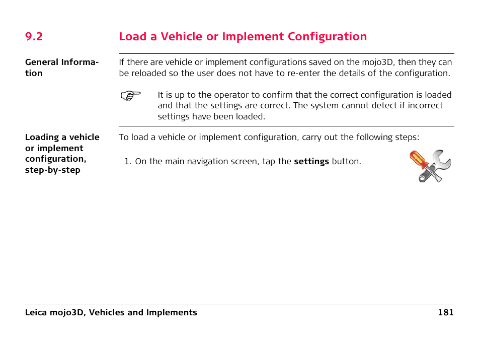 2 load a vehicle or implement configuration, Load a vehicle or implement configuration | Leica Geosystems Leica mojo3D - User Manual User Manual | Page 181 / 378