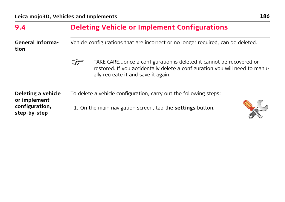 4 deleting vehicle or implement configurations, Deleting vehicle or implement configurations | Leica Geosystems Leica mojo3D - User Manual User Manual | Page 186 / 378