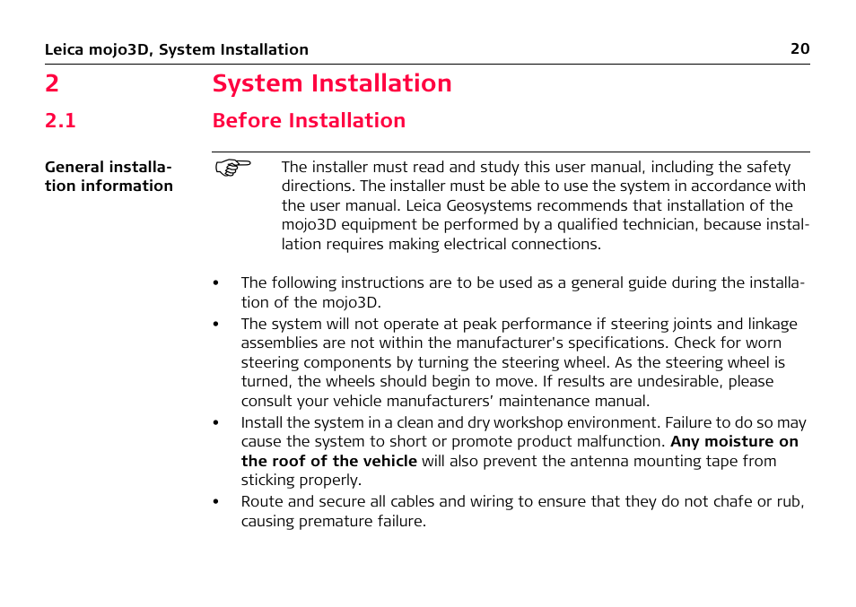 2 system installation, 1 before installation, System installation | Before installation, 2system installation | Leica Geosystems Leica mojo3D - User Manual User Manual | Page 20 / 378