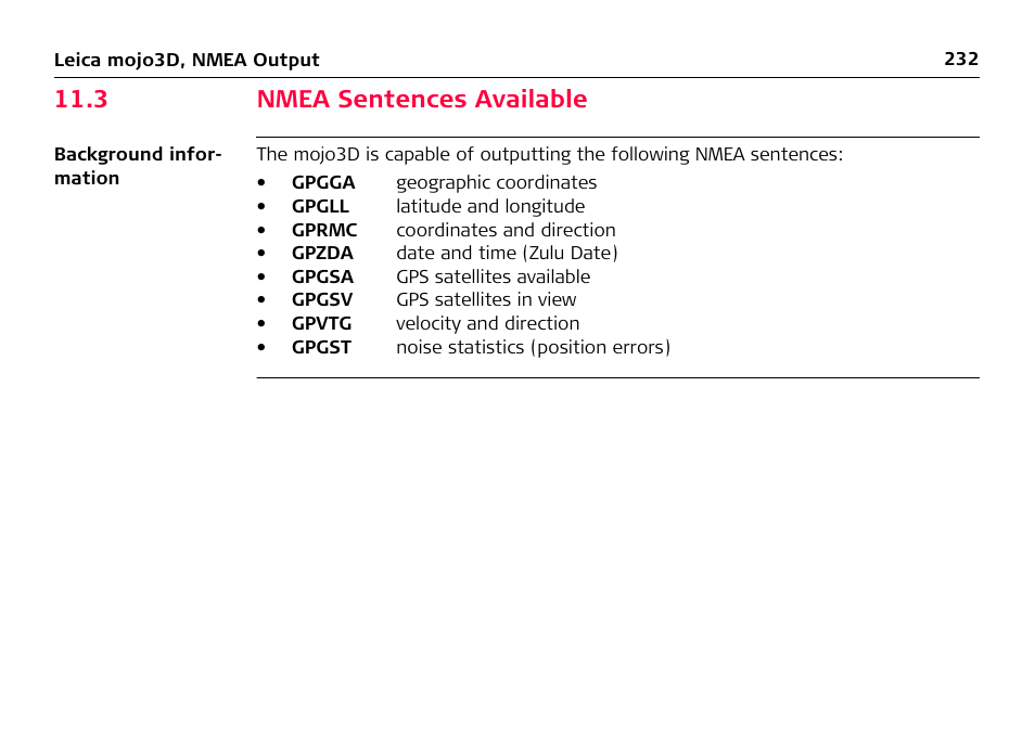 3 nmea sentences available | Leica Geosystems Leica mojo3D - User Manual User Manual | Page 232 / 378