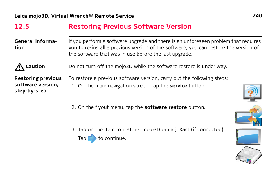 5 restoring previous software version | Leica Geosystems Leica mojo3D - User Manual User Manual | Page 240 / 378