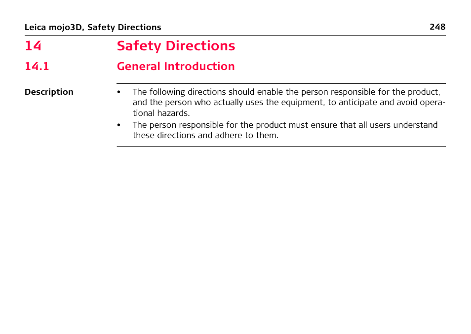 14 safety directions, 1 general introduction | Leica Geosystems Leica mojo3D - User Manual User Manual | Page 248 / 378