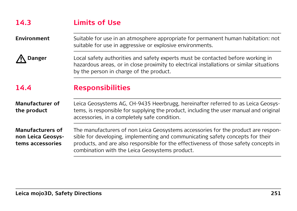 3 limits of use, 4 responsibilities | Leica Geosystems Leica mojo3D - User Manual User Manual | Page 251 / 378
