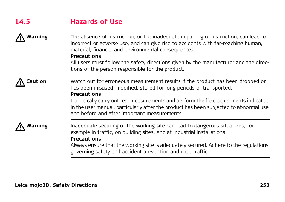 5 hazards of use | Leica Geosystems Leica mojo3D - User Manual User Manual | Page 253 / 378