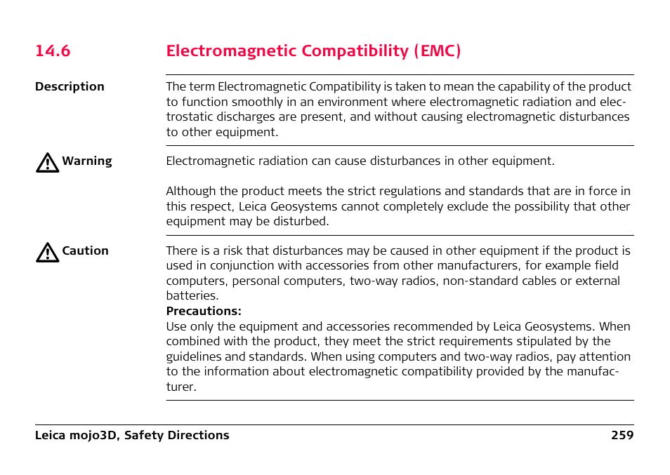 6 electromagnetic compatibility (emc) | Leica Geosystems Leica mojo3D - User Manual User Manual | Page 259 / 378