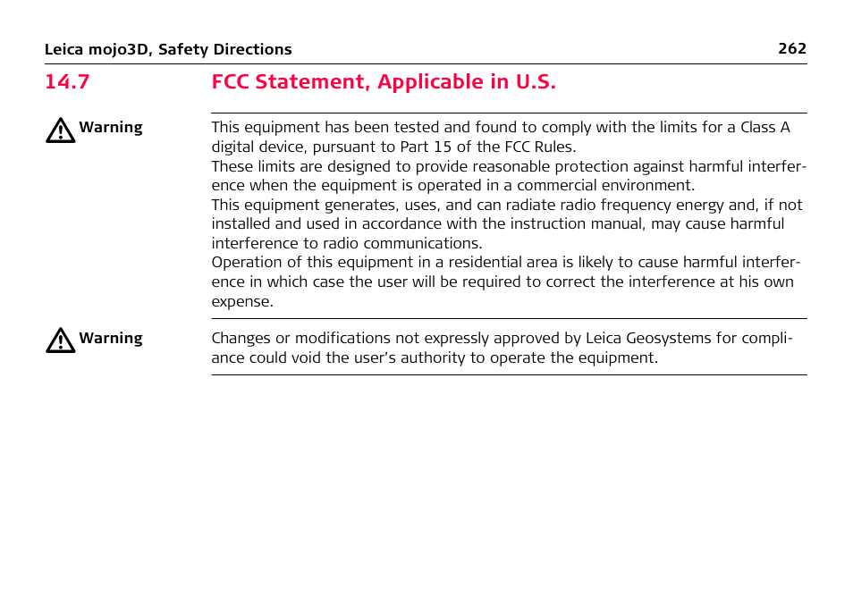 7 fcc statement, applicable in u.s | Leica Geosystems Leica mojo3D - User Manual User Manual | Page 262 / 378